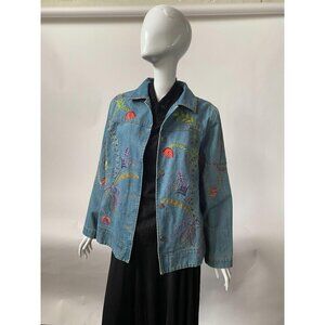 Vintage August Max Embroidered Denim Jacket With Red Lining & Floral Design Med